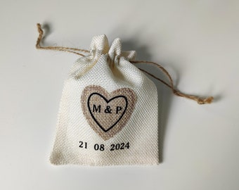 Custom Personalised Jute Wedding Ring Drawstring Pouch - Bearer - Initials & Date - Ring Holder - Wedding Ring Bag - Heart - Cream - Natural