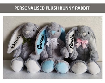 Custom Personalised Plush Grey Bunny Rabbit with Bow - Easter Bunny - Gift - Personalised Teddy - Blue - White - Soft Toy - Baby