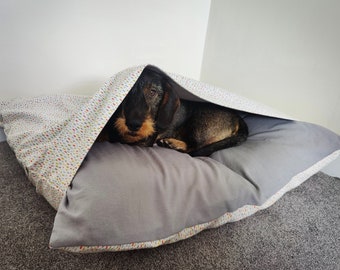 Handmade Dog Burrow Bed Cover - Cotton Canvas - Brushed Cotton - Cave Bed - Snuggle Bed - Print - Dachshund - Den Bed