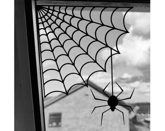 Spider with Web Vinyl Halloween Window Sticker Set - Black - Removable - Decoration - Spiderweb