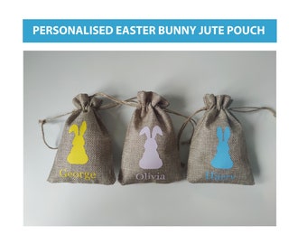 Custom Personalised Easter Bunny Jute Pouch - Gift Bag - Treat Bag - Favour Bag - Children - Pink - Yellow - Blue