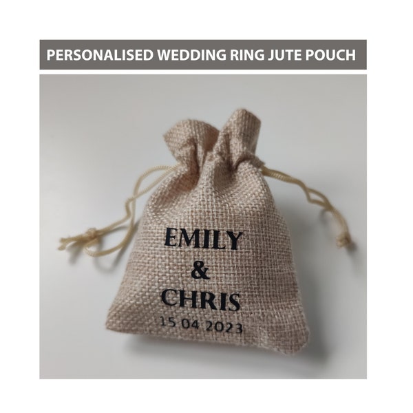 Custom Personalised Jute Wedding Ring Drawstring Pouch - Ring Bearer - Mr & Mrs Name - Ring Holder