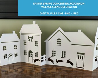 Easter Spring House Village Scene Digital Cut Cricut File - Concertina - Accordion - Window Sill - Fireplace - Bunny - Duck - Pig - Cow
