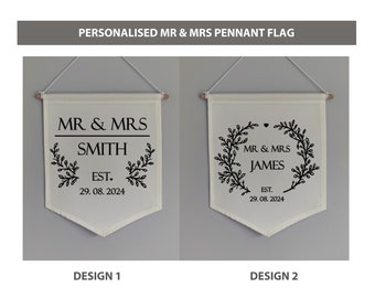 Custom Personalised Mr & Mrs Surname Pennant Flag - Wedding - Anniversary - Gift - Keepsake