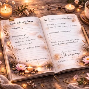 May include: An open journal with text in German, lit by candles and fairy lights, with a cup of tea and a pen. The journal pages feature floral illustrations and prompts for self-reflection and goal setting.