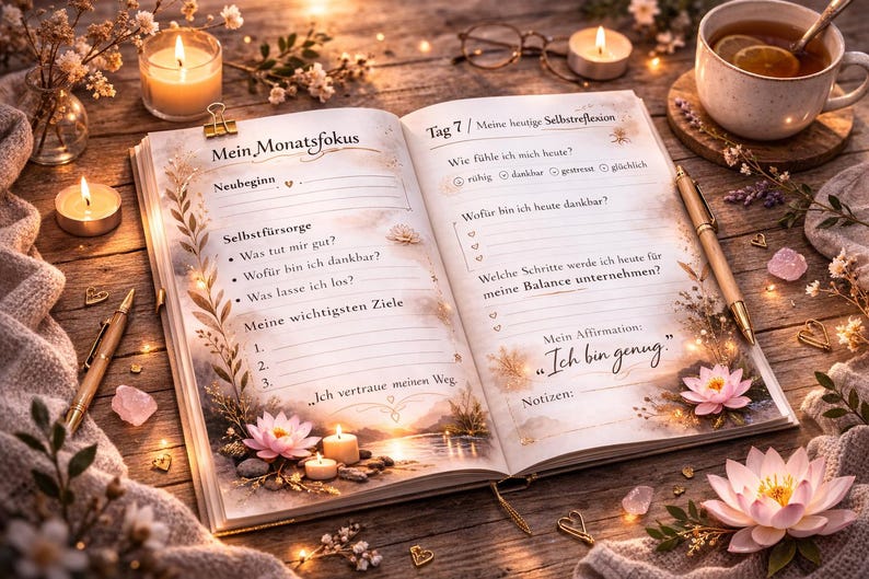 May include: An open journal with text in German, lit by candles and fairy lights, with a cup of tea and a pen. The journal pages feature floral illustrations and prompts for self-reflection and goal setting.