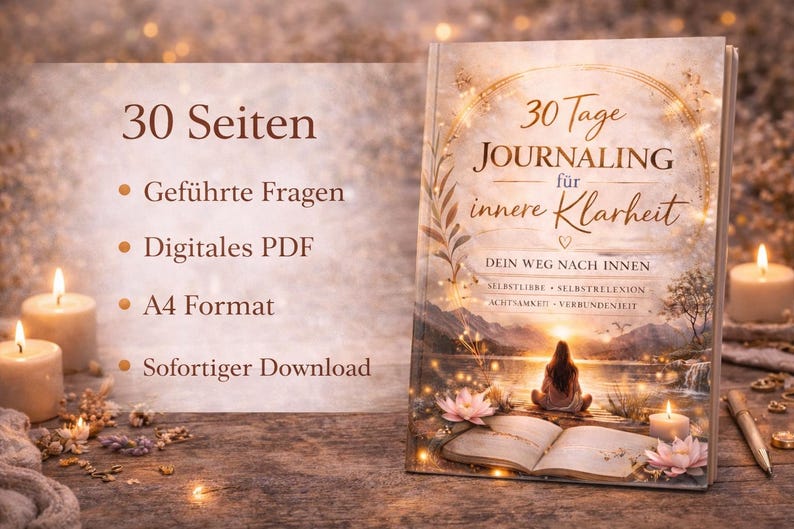 May include: A journal titled "30 Tage Journaling f&uuml;r innere Klarheit" with a serene landscape illustration. The journal includes prompts, a digital PDF, and is A4 format. The image also shows lit candles and text: "30 Seiten, Gef&uuml;hrte Fragen, Digitales PDF, A4 Format, Sofortiger Download."