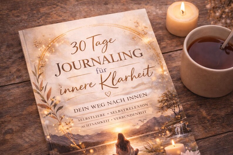 May include: A journal titled "30 Tage Journaling f&uuml;r innere Klarheit" sits on a wooden surface next to a lit candle and a mug of tea. The journal's cover features a scenic illustration and text in a script font. The scene is warm and inviting.