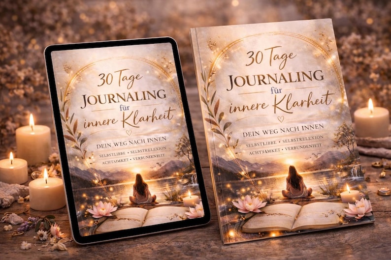 May include: An open book and a tablet display the title "30 Tage Journaling f&uuml;r innere Klarheit" with a serene illustration of a person meditating near water, surrounded by candles and flowers. The book and tablet are on a wooden surface.