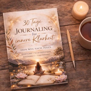 May include: A journal titled "30 Tage Journaling f&uuml;r innere Klarheit" with a woman meditating on the cover, next to a lit candle, a pen, and a mug of tea. The journal is open, and the scene is set on a wooden surface.