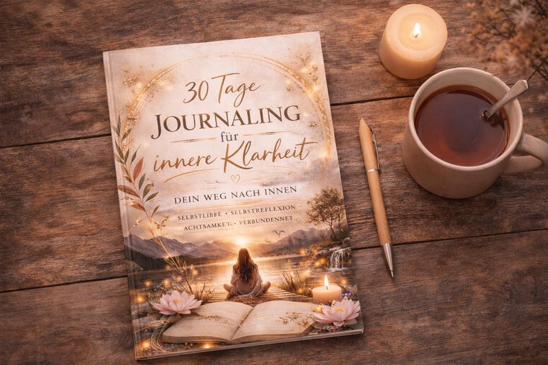 May include: A journal titled "30 Tage Journaling f&uuml;r innere Klarheit" with a woman meditating on the cover, next to a lit candle, a pen, and a mug of tea. The journal is open, and the scene is set on a wooden surface.