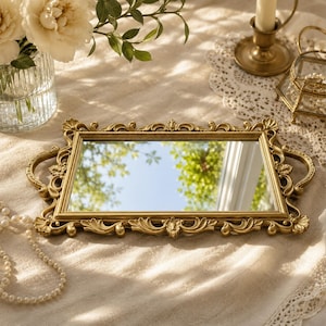Gold Mirror Vanity Tray, Victorian Decorative Tray, Perfume Display Tray, Jewelry Tray, Coffee Table Decor, Gift for Her imagem 1