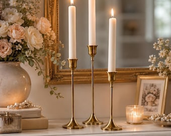 Juego de 3 portavelas cónicos de latón dorado, decoración moderna para mesa de comedor, centro de mesa para bodas, decoración para chimenea, minimalista, idea de regalo para inauguración de casa.