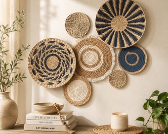 Boho Wall Basket Set of 7, Woven Seagrass Wall Decor, Hanging Basket Wall Art, Farmhouse Bohemian Home Decor