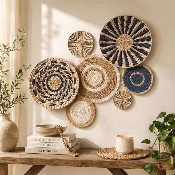 Boho Wall Basket Set of 7, Woven Seagrass Wall Decor, Hanging Basket Wall Art, Farmhouse Bohemian Home Decor