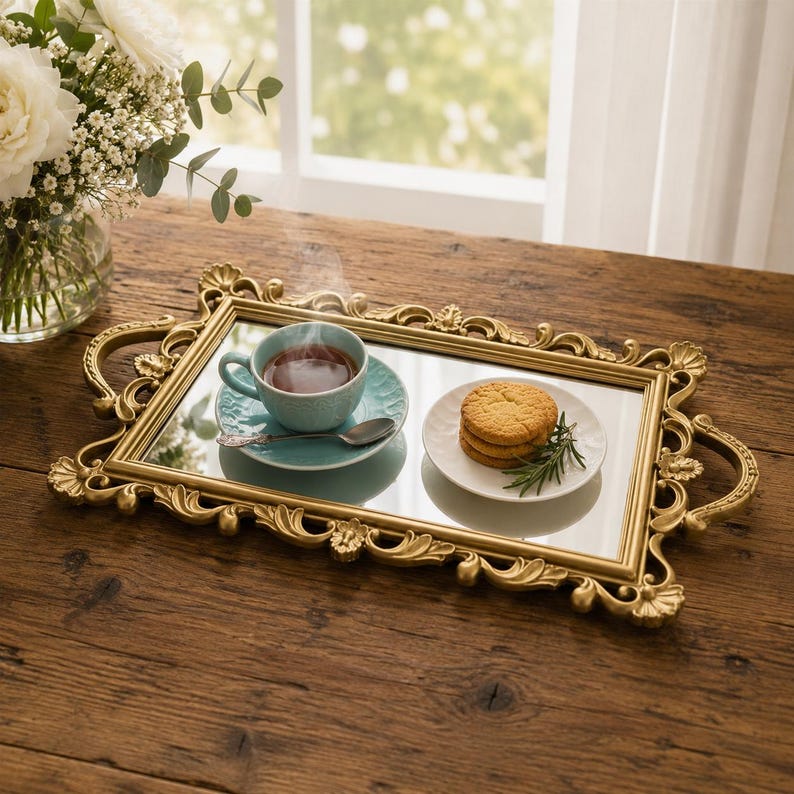 Pode incluir: Uma bandeja de servir retangular com espelho, moldura dourada ornamentada e duas al&ccedil;as laterais. A bandeja cont&eacute;m uma x&iacute;cara de ch&aacute; azul-claro sobre um pires a combinar com uma colher de prata e um pequeno prato branco com tr&ecirc;s biscoitos redondos empilhados.