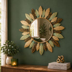 Round Wood Framed Wall Mirror, 40cm Decorative Accent Mirror, Farmhouse Living Room Decor, Entryway Bedroom Wall Decor, Housewarming Gift