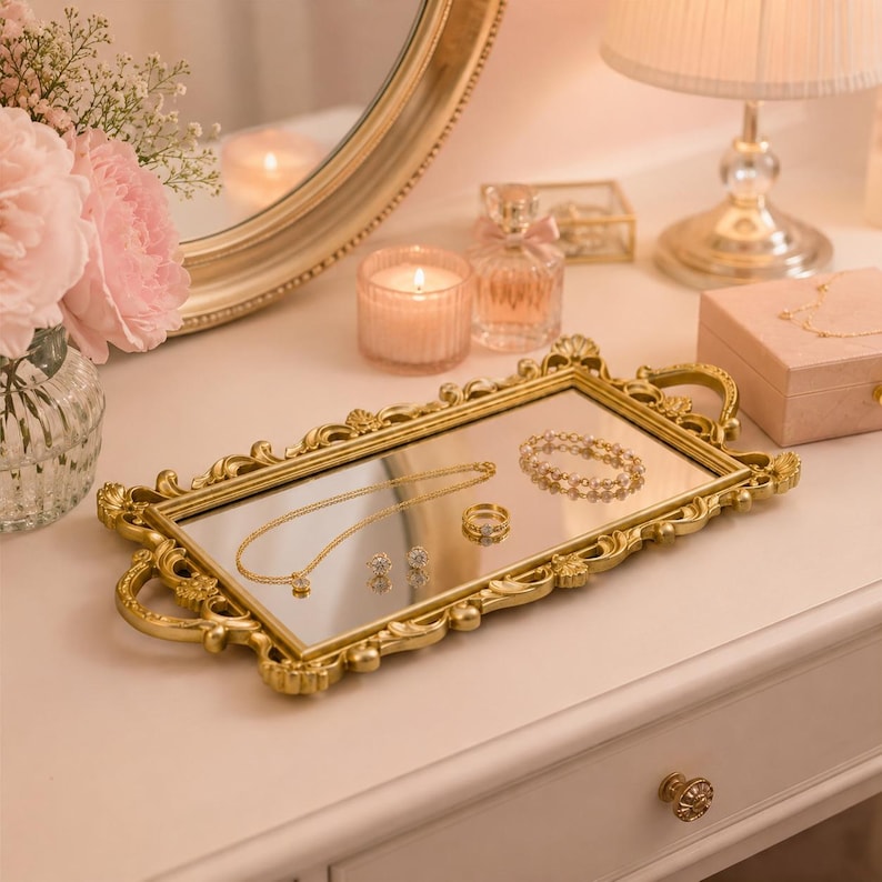Pode incluir: Uma bandeja de toucador retangular com espelho, moldura de metal dourado ornamentada e duas pegas laterais. A bandeja cont&eacute;m um delicado colar de corrente dourada, uma pulseira de contas, um anel dourado e dois pequenos brincos.