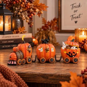 Op de afbeelding: Een decoratieve Halloween-treinset bestaande uit drie pompoenvormige wagons verbonden door zwarte kettingen. De locomotief heeft een kleine pompoen-schoorsteen, terwijl de wagons miniatuurfiguren van spoken, een zwarte kat en een beer bevatten.