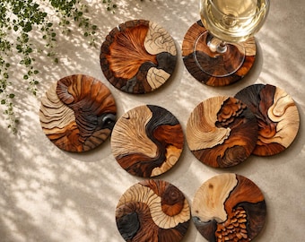 Wooden Coasters Set of 8, Natural Wood Drinks Coasters, Rustic Farmhouse Table Decor, Coffee Table Accessories, Kitchen, Housewarming Gift
