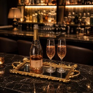 Pode incluir: Uma garrafa de vidro transparente de champanhe ros&eacute; e duas ta&ccedil;as de champanhe altas e finas cheias de l&iacute;quido rosa espumante, dispostas numa bandeja retangular de espelho dourado com pegas decorativas.