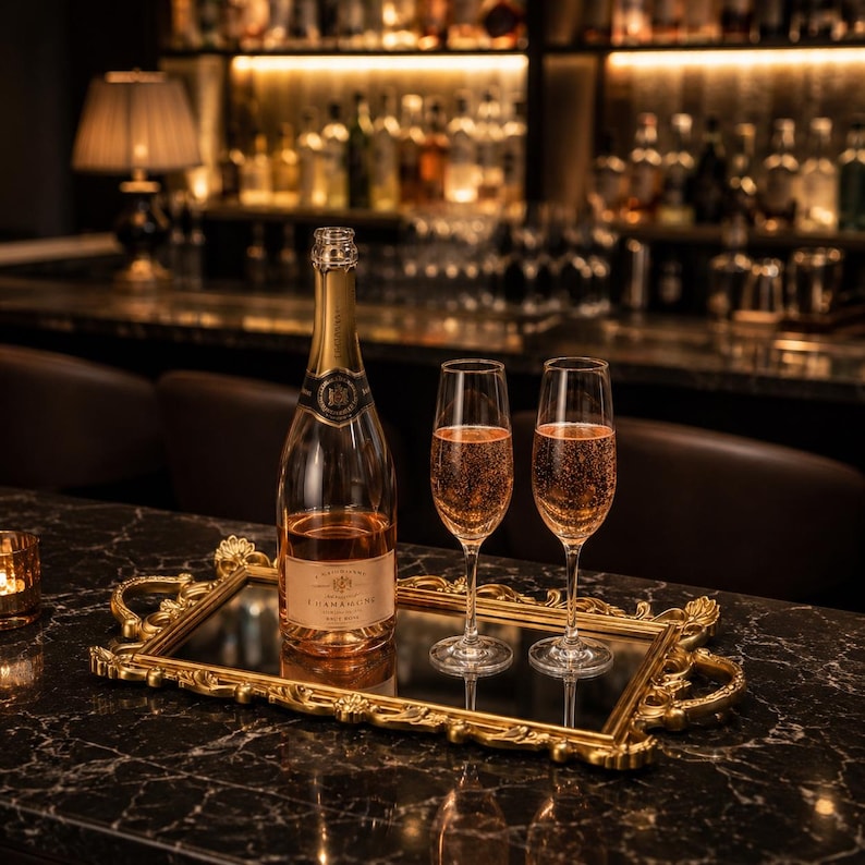 Pode incluir: Uma garrafa de vidro transparente de champanhe ros&eacute; e duas ta&ccedil;as de champanhe altas e finas cheias de l&iacute;quido rosa espumante, dispostas numa bandeja retangular de espelho dourado com pegas decorativas.