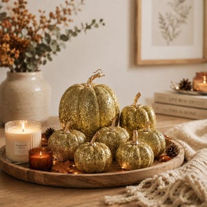May include: A collection of seven decorative pumpkins covered in gold glitter and sequins, arranged on a round wooden tray. The pumpkins vary in size, each featuring a smooth gold stem. A glass candle with a Pumpkin Spice label sits nearby.