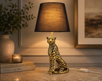 Gold Leopard Table Lamp Black Shade, Luxury Animal Lamp, Glam Bedroom Decor, Modern Desk Lighting Safari Home Decor, Housewarming Gift Idea