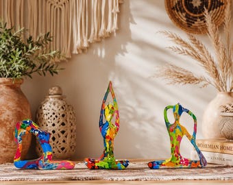 Set of 3 Abstract Yoga Figurines, Colourful Resin Meditation Statues, Modern Home Decor, Yoga Lover Gift, Shelf Table Ornament, Home Gift