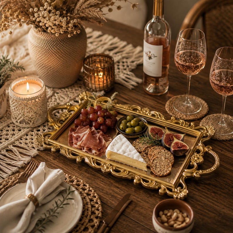 Pode incluir: Uma bandeja de servir retangular em tom dourado com al&ccedil;as e bordas ornamentadas, contendo uvas vermelhas, presunto, uma fatia de queijo brie, azeitonas verdes, figos fatiados e bolachas redondas sobre uma mesa de madeira com ta&ccedil;as de vinho.