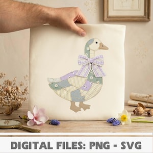 May include: Cream-colored tote bag featuring a patchwork goose design with pastel blue, green, and lavender accents. The goose has a lavender bow and is set against a cream background. The text "DIGITAL FILES: PNG - SVG" is at the bottom.