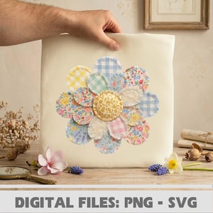 May include: Cream-colored pillow with a large, colorful flower design. The flower is made of various patterned fabric circles in pastel colors, including yellow, blue, and pink. The text "DIGITAL FILES: PNG - SVG" is at the bottom.