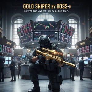 May include: An illustration of a person in tactical gear kneeling and aiming a gold sniper rifle. The text "GOLD SNIPER BY BOSS-R" and "MASTER THE MARKET. UNLEASH THE GOLD." are displayed at the top. Background includes stock market data.