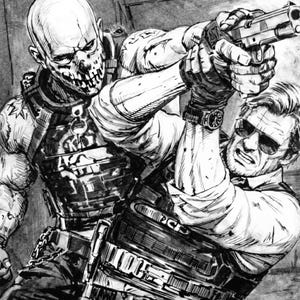 以下が含まれることがあります： ゾンビのような人物が拳銃を持った男性を攻撃する白黒イラスト。男性はサングラスと腕時計を着用。ゾンビは骸骨のような顔で、タクティカルギアを身に着けている。「Jenna Dravenov」のサイン入り。