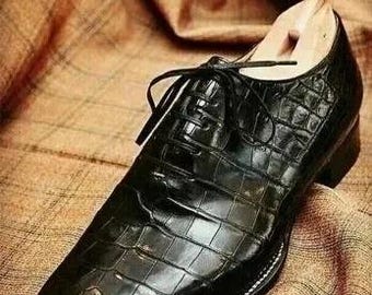 Mens Handmade Black Leather Shoes Crocodile Texture Lace-Up Formal Dress Shoe