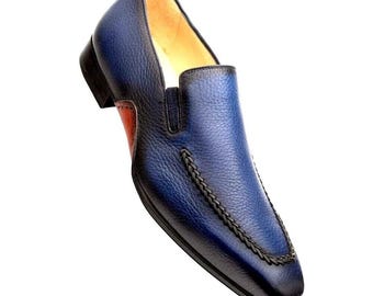 Handmade Men Genuine Blue Leather Slip On Oxford Formal Loafers Dress Shoes