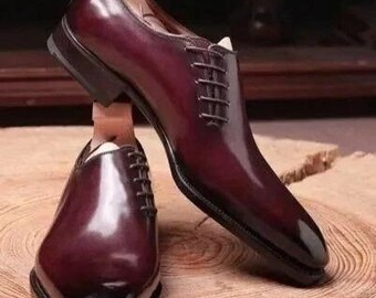 Mens Handmade Leather Genuine Shoe Maroon Oxford Lace-Up Dress Formal Shoes