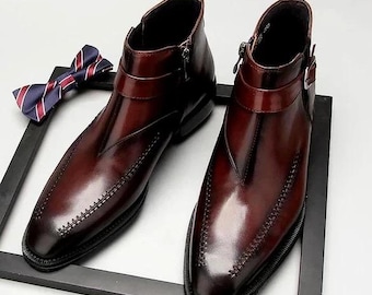 Men's Handmade Brown Leather Shoes, Side Zipper High Ankle Formal Dress Boots