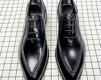 Men's Handmade Genuine Black Leather Shoes Lace Up Oxford Formal Dress Shoes