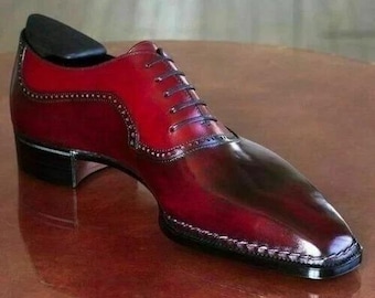 Mens Handmade Genuine Leather Red Oxford Lace up Formal Dress Handmade Shoes