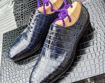 Men Handmade Leather Navy Blue Shoes Crocodile Pattern Formal Laceup Oxford boot