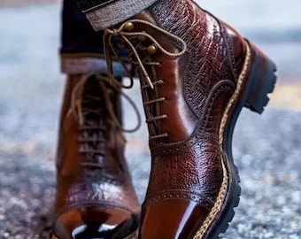 New Handmade Men's Chocolate Brown Leather Boots Lace up Ankle Dress Shoes