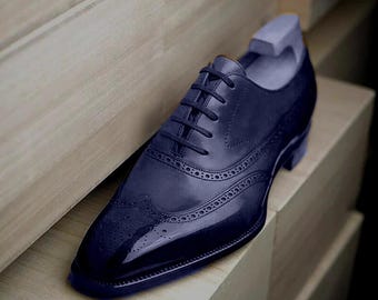 Men Handmade Genuine Leather Shoes Blue Oxford Lace-Up Wingtip Formal Dress Shoe