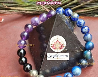 Shani Saturn Bracelet |  Lapiz Lazuli , Amethyst,  Black Onyx & Pyrite |  Crystal Bracelet, Vedic Astrology Spiritual Bracelet, Jyogi Mantra
