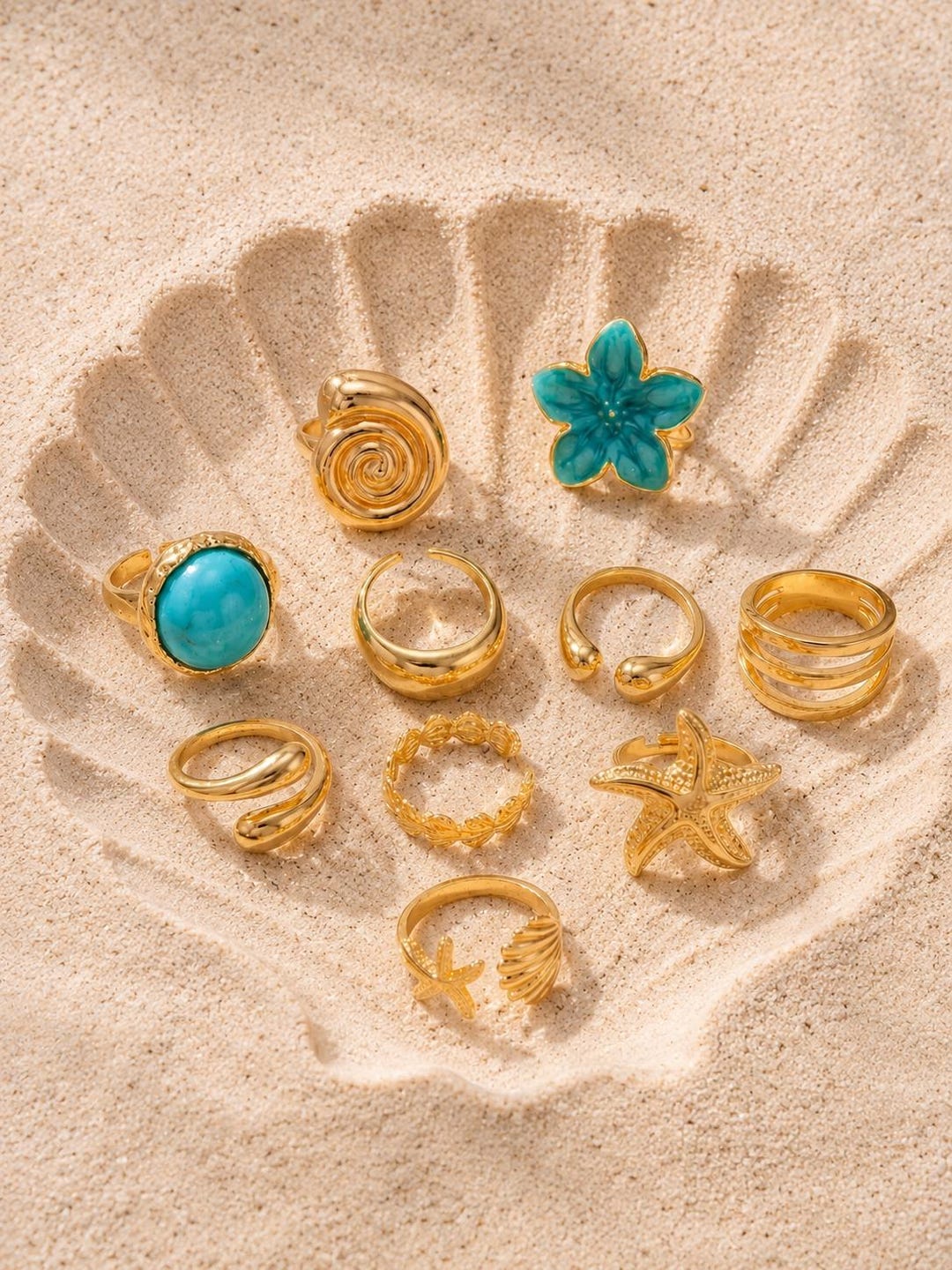 Gold Stacking Rings Set • Ocean Turquoise Floral Ring • Dainty Coastal ...