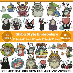 May include: A collection of Ghibli-style embroidery designs featuring characters from popular animated films. Designs include various sizes, from 3 to 7 inches, and feature characters like Totoro, No-Face, and others. The image also includes the text "Ghibli Style Embroidery".
