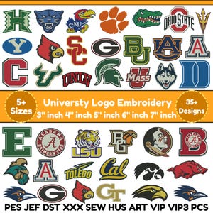 May include: A collection of embroidered university logos in various sizes. The image includes logos for Ohio State, Duke, Alabama, and others. Text on the image reads "University Logo Embroidery" and lists sizes from 3 to 7 inches.