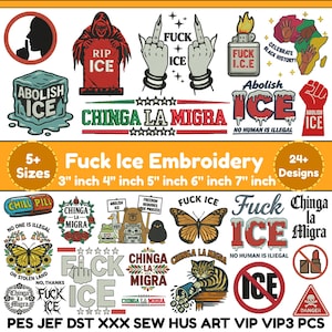 Op de afbeelding: Een verzameling borduurontwerpen met anti-ICE en sociale rechtvaardigheidsthema's. Ontwerpen bevatten teksten als "Fuck Ice", "Abolish ICE" en "Chinga La Migra", samen met afbeeldingen van een middelvinger, een grafsteen en een vuist. Verkrijgbaar in maten van 7,6 tot 17,8 cm.