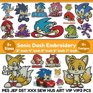 Op de afbeelding: Een verzameling kleurrijke Sonic the Hedgehog borduurontwerpen. De afbeelding bevat verschillende personages zoals Sonic, Tails, Knuckles en Amy Rose. De tekst geeft maten van 7.6 tot 17.8 cm en meer dan 19 ontwerpen aan.
