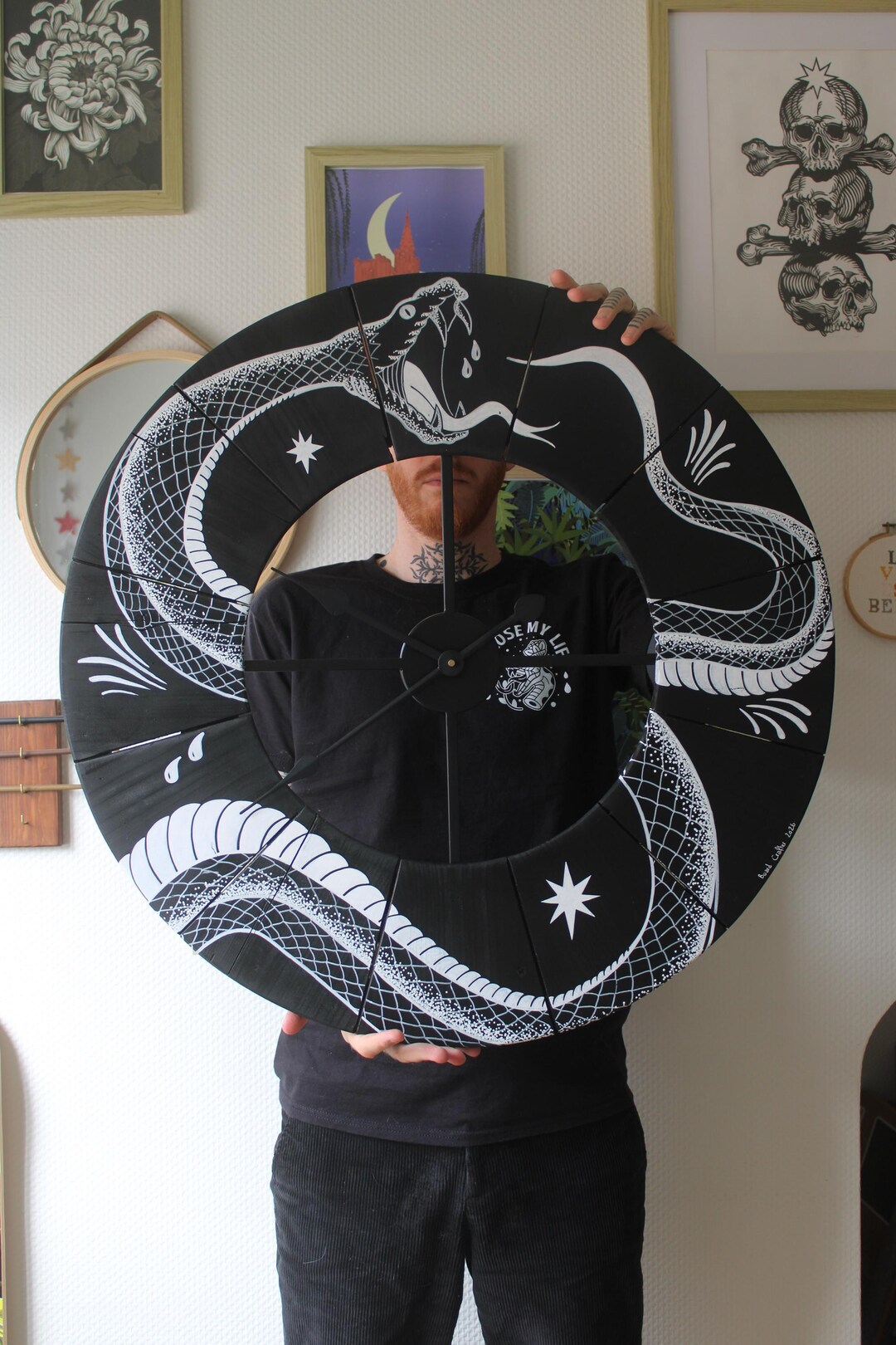 Hand-painted Recycled Wood Wall Clock – Black and White Snake – Old ...
